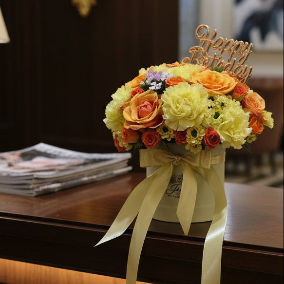 Bespoke orange rose and yellow carnation birthday bloom box, Jiyu Florals Singapore