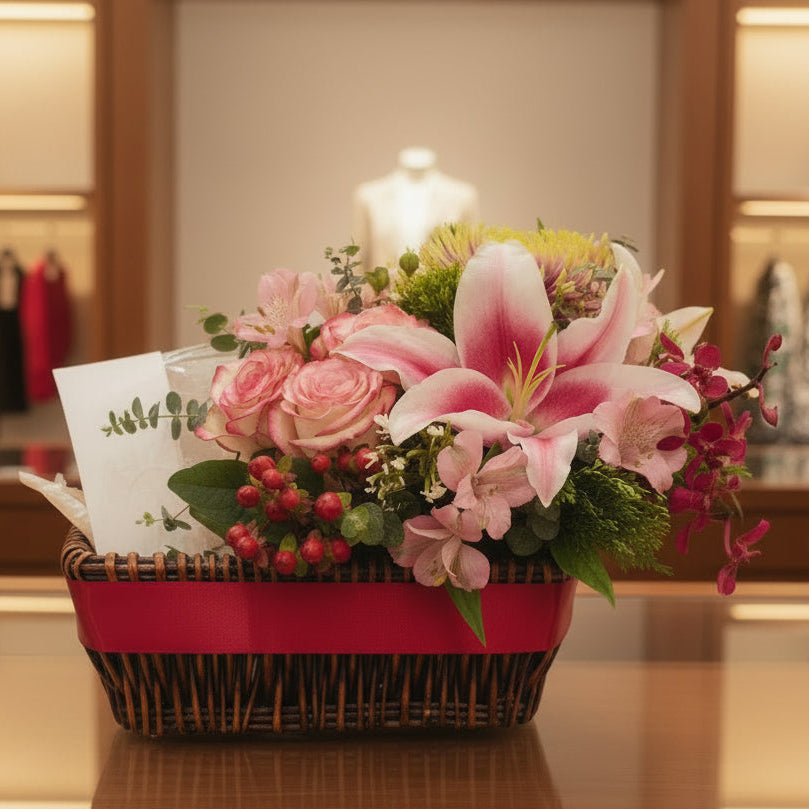 Bespoke gift basket with pink lilies, roses, and items from the boutique, customised for a boutique event, Jiyu Florals Singapore