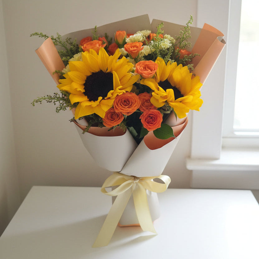 Bespoke sunflower and orange rose bouquet in Korean-style cone wrap, Jiyu Florals Singapore