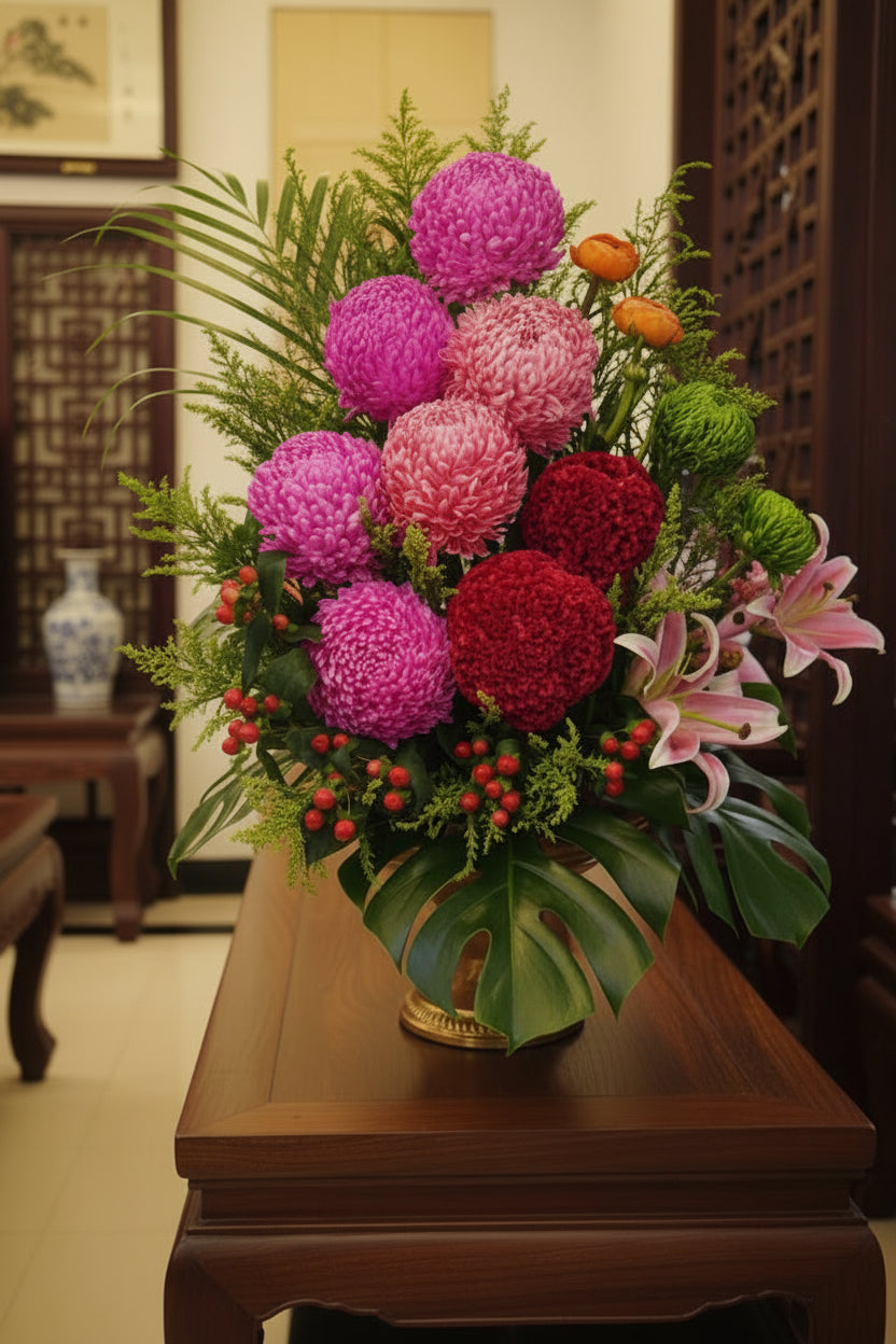 Bespoke traditional Chinese-style pink and red chrysanthemum and lily arrangement, suited for Chinese New Year or festive occasions, Jiyu Florals Singapore
