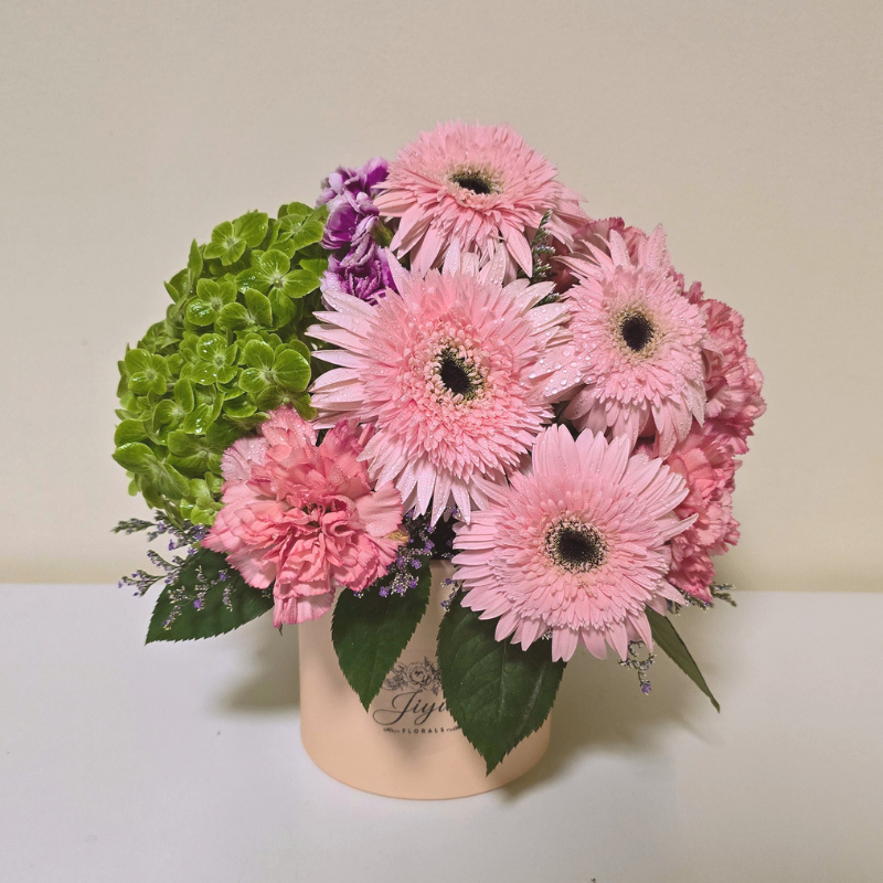 Bespoke lush pink gerbera and green hydrangea flower box, Jiyu Florals Singapore