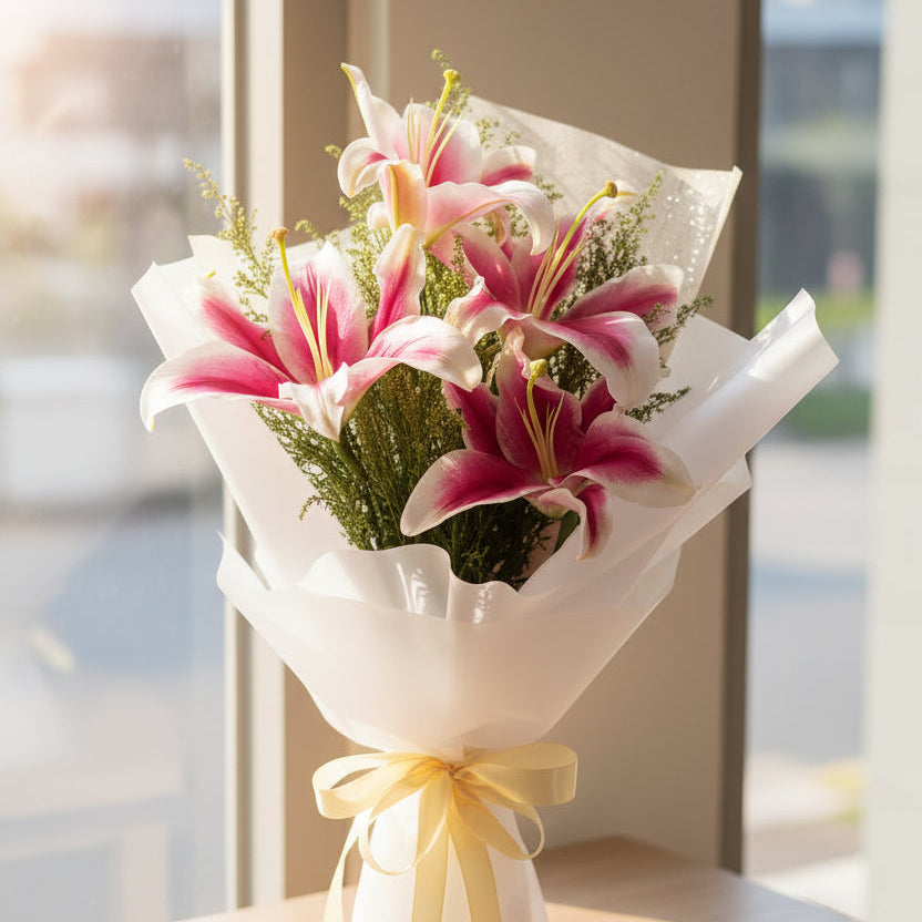 Bespoke classic pink lily bouquet in white wrap, Jiyu Florals Singapore